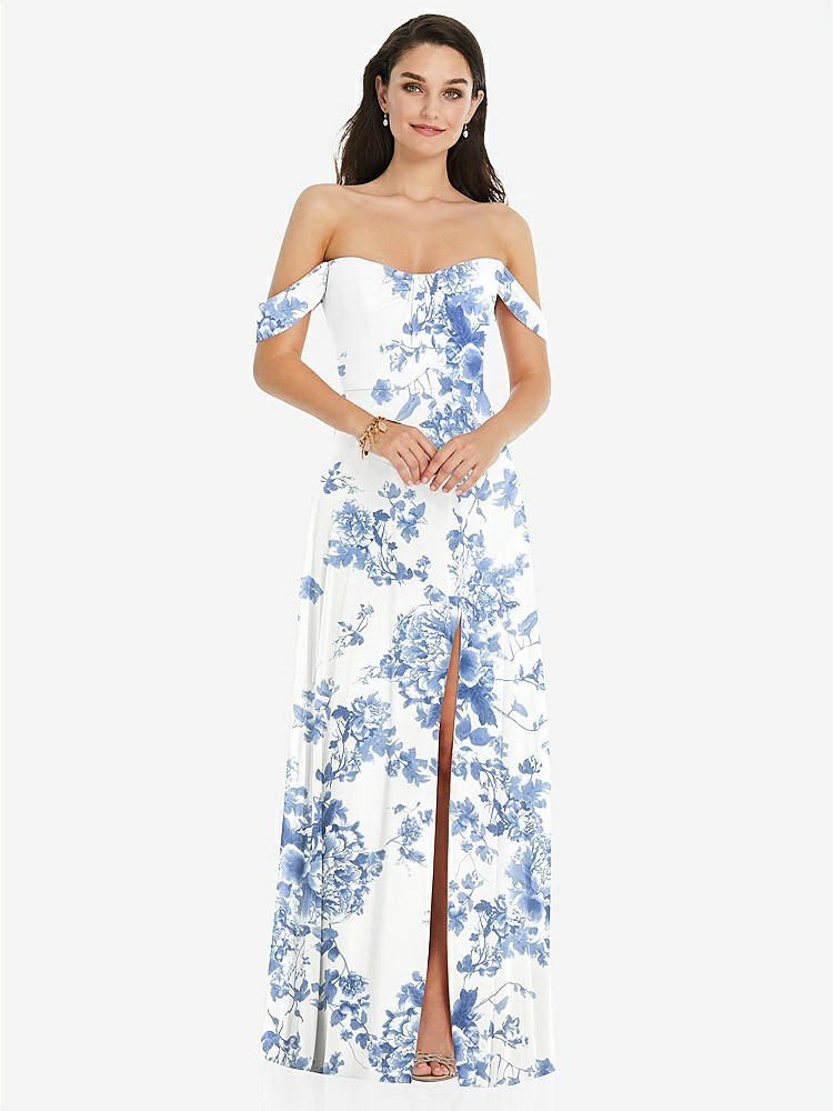 【STYLE: 3105】Off-the-Shoulder Draped Sleeve Maxi Dress with Front Slit【COLOR: Cottage Rose Dusk Blue】