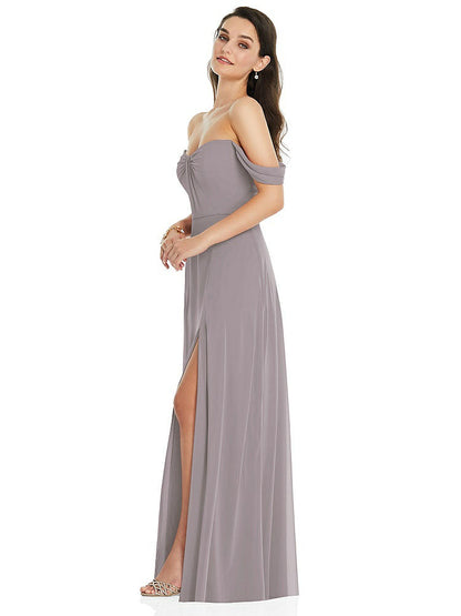 【STYLE: 3105】Off-the-Shoulder Draped Sleeve Maxi Dress with Front Slit【COLOR: Cashmere Gray】