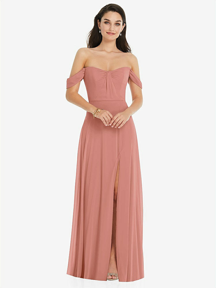 【STYLE: 3105】Off-the-Shoulder Draped Sleeve Maxi Dress with Front Slit【COLOR: Desert Rose】