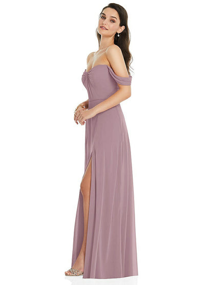 【STYLE: 3105】Off-the-Shoulder Draped Sleeve Maxi Dress with Front Slit【COLOR: Dusty Rose】