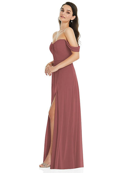 【NEW】【STYLE: 3105】オフショルダー ドレープ 袖 マキシ ドレス 前面 スリット【COLOR: English Rose】【SIZE: 00-30W】