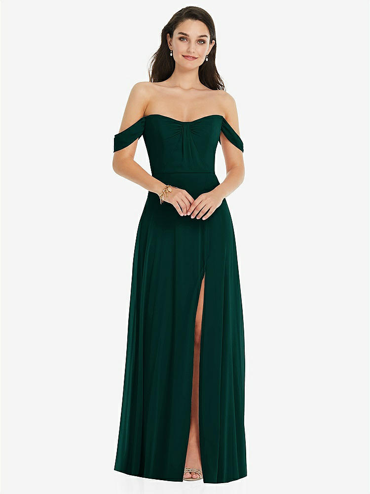【STYLE: 3105】Off-the-Shoulder Draped Sleeve Maxi Dress with Front Slit【COLOR: Evergreen】