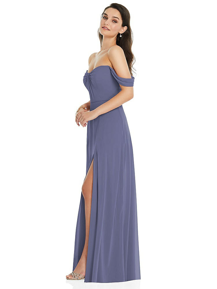 【NEW】【STYLE: 3105】オフショルダー ドレープ 袖 マキシ ドレス 前面 スリット【COLOR: French Blue】【SIZE: 00-30W】