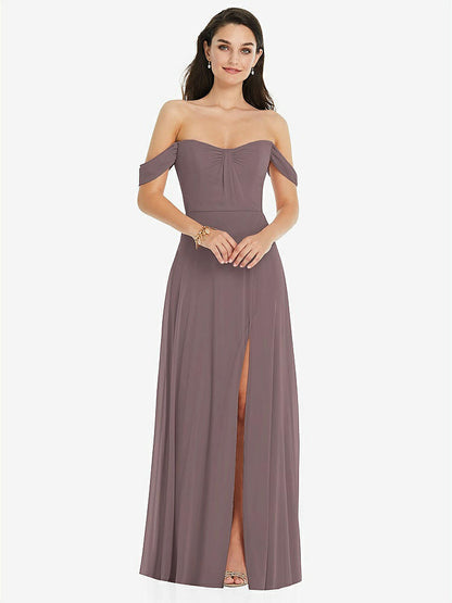 【STYLE: 3105】Off-the-Shoulder Draped Sleeve Maxi Dress with Front Slit【COLOR: French Truffle】
