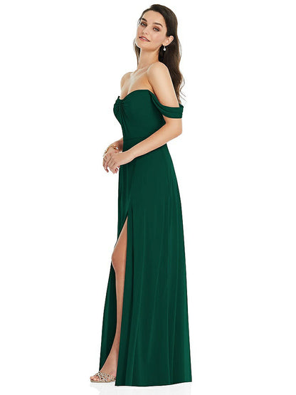 【STYLE: 3105】Off-the-Shoulder Draped Sleeve Maxi Dress with Front Slit【COLOR: Hunter Green】