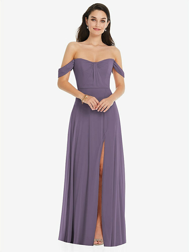 【STYLE: 3105】Off-the-Shoulder Draped Sleeve Maxi Dress with Front Slit【COLOR: Lavender】
