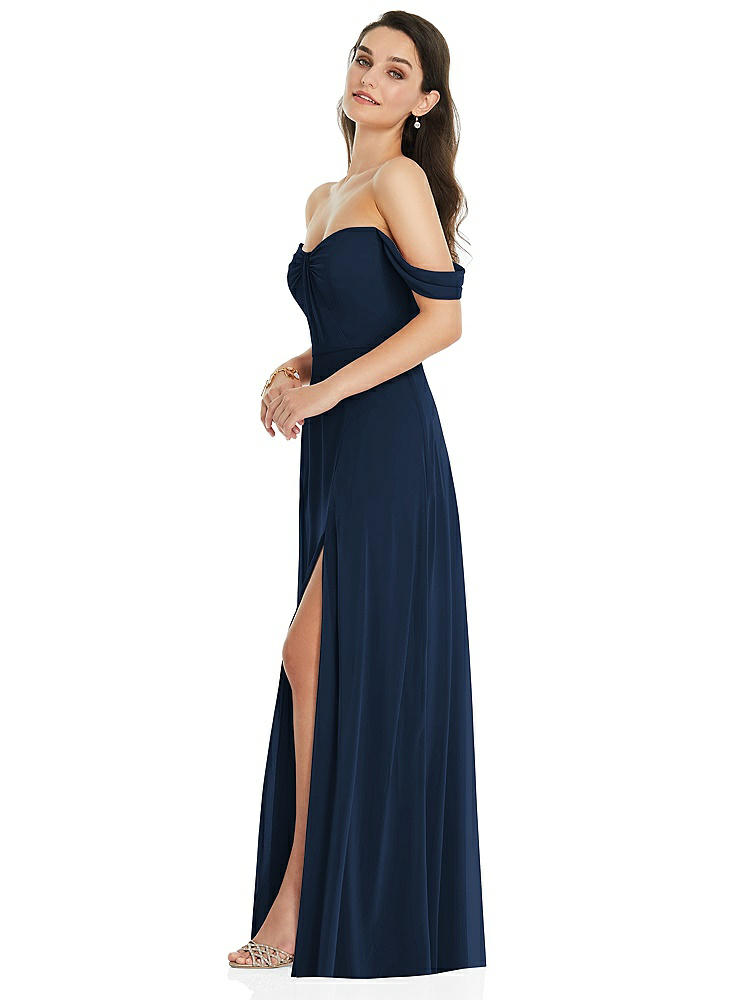 【NEW】【STYLE: 3105】オフショルダー ドレープ 袖 マキシ ドレス 前面 スリット【COLOR: Midnight Navy】【SIZE: 00-30W】