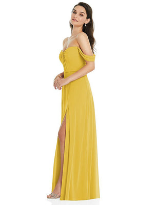 【NEW】【STYLE: 3105】オフショルダー ドレープ 袖 マキシ ドレス 前面 スリット【COLOR: Marigold】【SIZE: 00-30W】