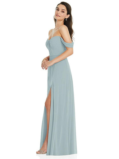【NEW】【STYLE: 3105】オフショルダー ドレープ 袖 マキシ ドレス 前面 スリット【COLOR: Morning Sky】【SIZE: 00-30W】