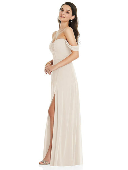 【STYLE: 3105】Off-the-Shoulder Draped Sleeve Maxi Dress with Front Slit【COLOR: Oat】