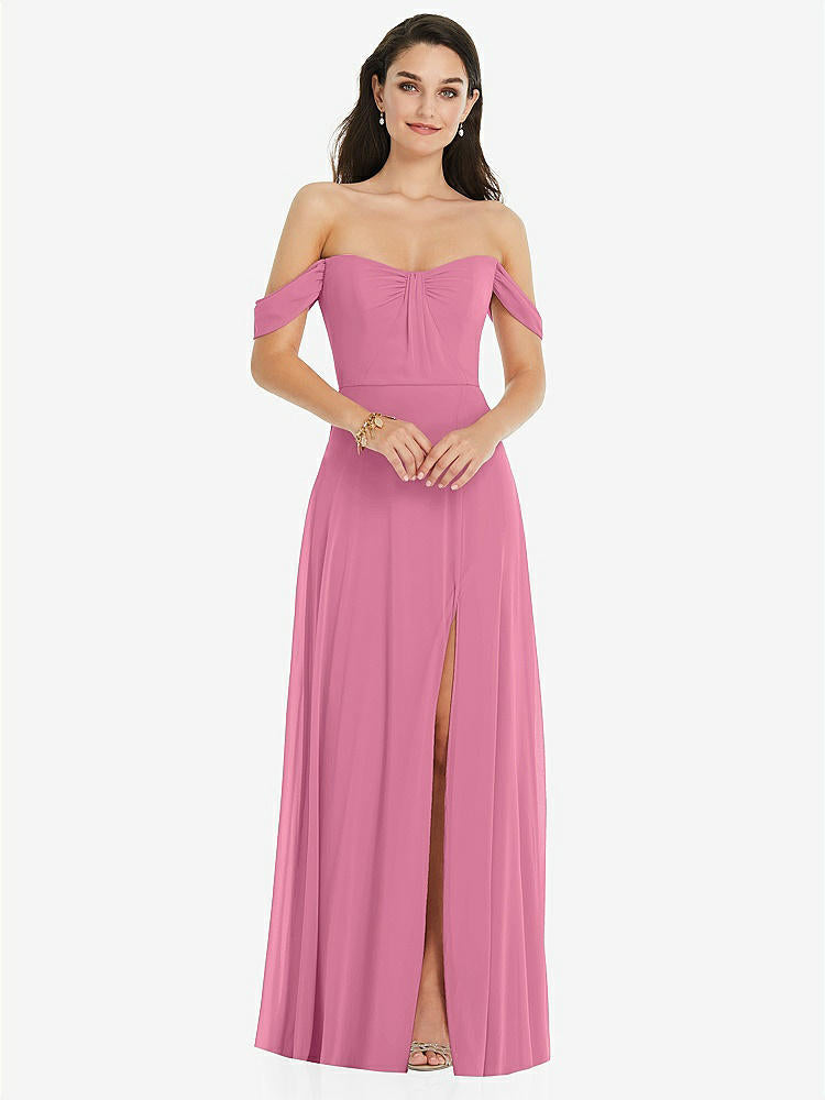 【STYLE: 3105】Off-the-Shoulder Draped Sleeve Maxi Dress with Front Slit【COLOR: Orchid Pink】