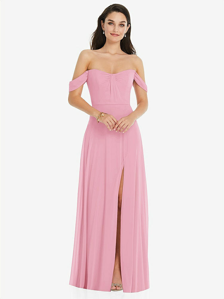 【STYLE: 3105】Off-the-Shoulder Draped Sleeve Maxi Dress with Front Slit【COLOR: Peony Pink】