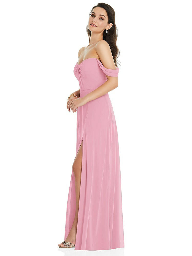 【NEW】【STYLE: 3105】オフショルダー ドレープ 袖 マキシ ドレス 前面 スリット【COLOR: Peony Pink】【SIZE: 00-30W】