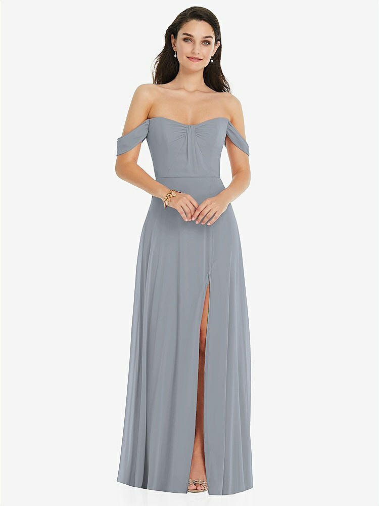 【STYLE: 3105】Off-the-Shoulder Draped Sleeve Maxi Dress with Front Slit【COLOR: Platinum】