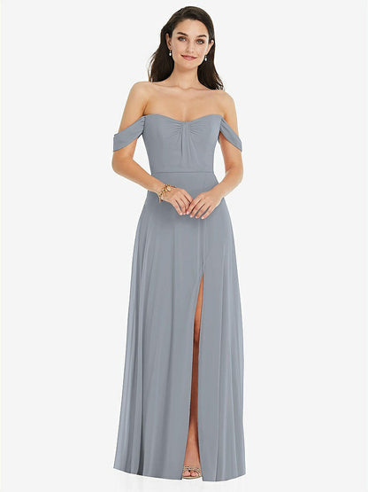 【STYLE: 3105】Off-the-Shoulder Draped Sleeve Maxi Dress with Front Slit【COLOR: Platinum】