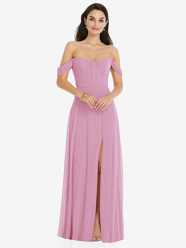 【STYLE: 3105】Off-the-Shoulder Draped Sleeve Maxi Dress with Front Slit【COLOR: Powder Pink】
