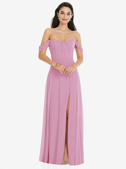 【STYLE: 3105】Off-the-Shoulder Draped Sleeve Maxi Dress with Front Slit【COLOR: Powder Pink】