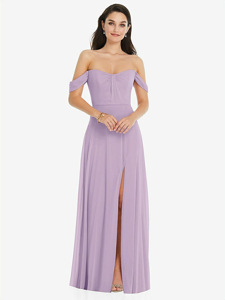 【STYLE: 3105】Off-the-Shoulder Draped Sleeve Maxi Dress with Front Slit【COLOR: Pale Purple】