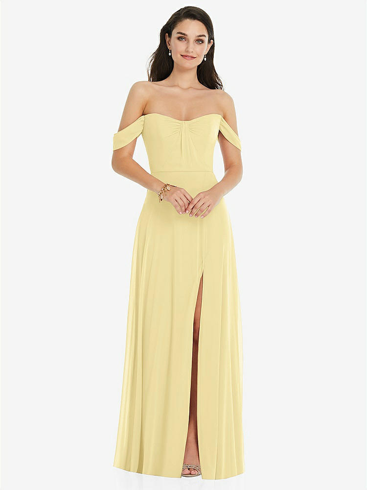 【STYLE: 3105】Off-the-Shoulder Draped Sleeve Maxi Dress with Front Slit【COLOR: Pale Yellow】