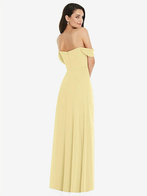 【STYLE: 3105】Off-the-Shoulder Draped Sleeve Maxi Dress with Front Slit【COLOR: Pale Yellow】