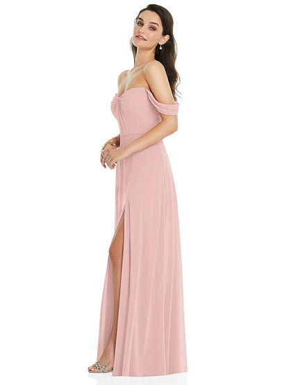 【STYLE: 3105】Off-the-Shoulder Draped Sleeve Maxi Dress with Front Slit【COLOR: Rose - PANTONE Rose Quartz】