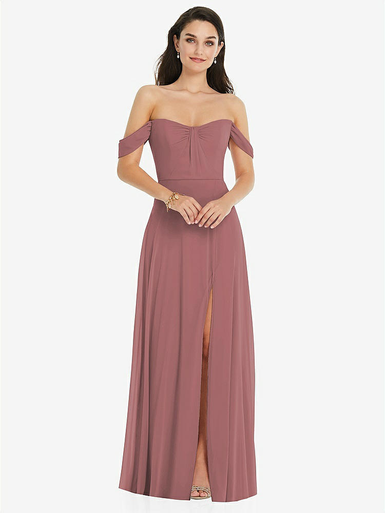 【STYLE: 3105】Off-the-Shoulder Draped Sleeve Maxi Dress with Front Slit【COLOR: Rosewood】