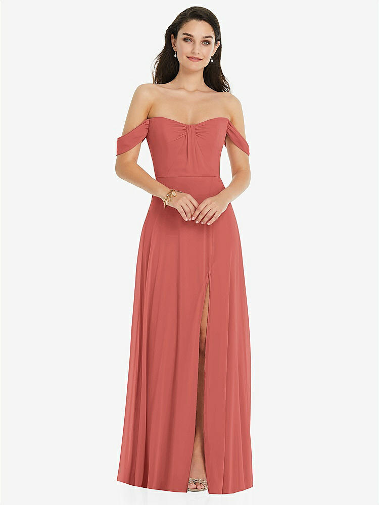 【STYLE: 3105】Off-the-Shoulder Draped Sleeve Maxi Dress with Front Slit【COLOR: Coral Pink】