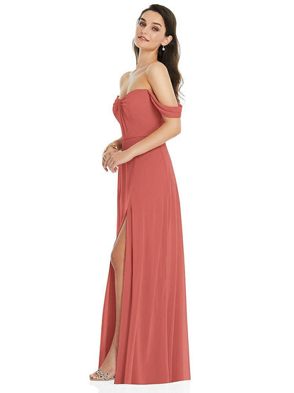 【NEW】【STYLE: 3105】オフショルダー ドレープ 袖 マキシ ドレス 前面 スリット【COLOR: Coral Pink】【SIZE: 00-30W】
