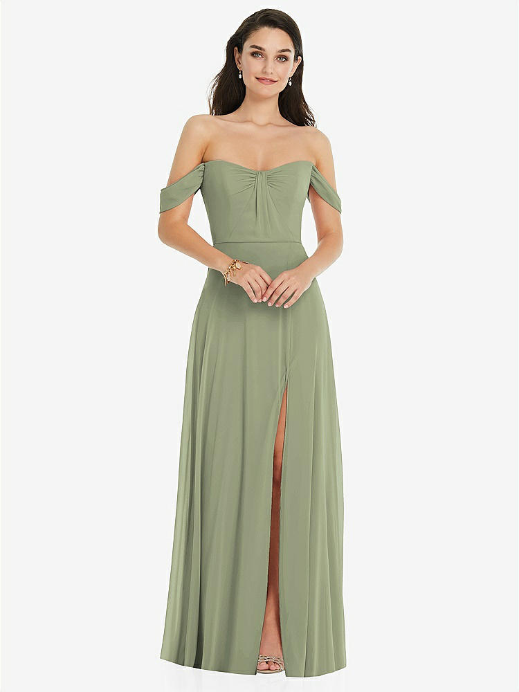 【STYLE: 3105】Off-the-Shoulder Draped Sleeve Maxi Dress with Front Slit【COLOR: Sage】