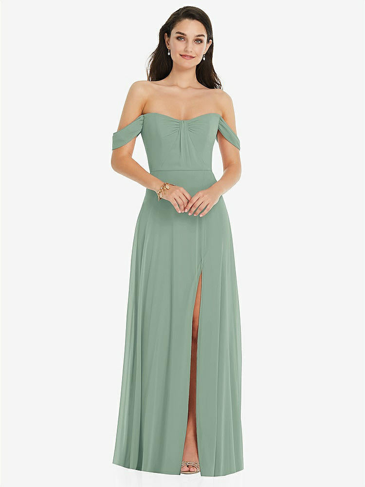 【STYLE: 3105】Off-the-Shoulder Draped Sleeve Maxi Dress with Front Slit【COLOR: Seagrass】
