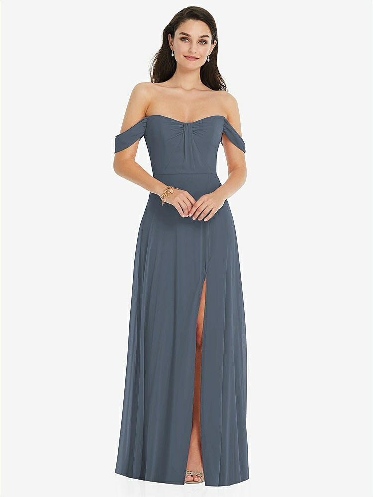 【STYLE: 3105】Off-the-Shoulder Draped Sleeve Maxi Dress with Front Slit【COLOR: Silverstone】