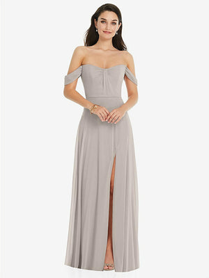 【STYLE: 3105】Off-the-Shoulder Draped Sleeve Maxi Dress with Front Slit【COLOR: Taupe】