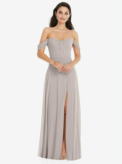【NEW】【STYLE: 3105】オフショルダー ドレープ 袖 マキシ ドレス 前面 スリット【COLOR: Taupe】【SIZE: 00-30W】