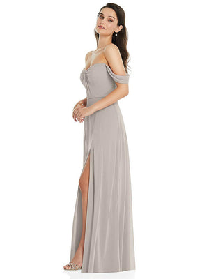 【STYLE: 3105】Off-the-Shoulder Draped Sleeve Maxi Dress with Front Slit【COLOR: Taupe】