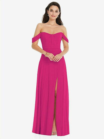 【STYLE: 3105】Off-the-Shoulder Draped Sleeve Maxi Dress with Front Slit【COLOR: Think Pink】