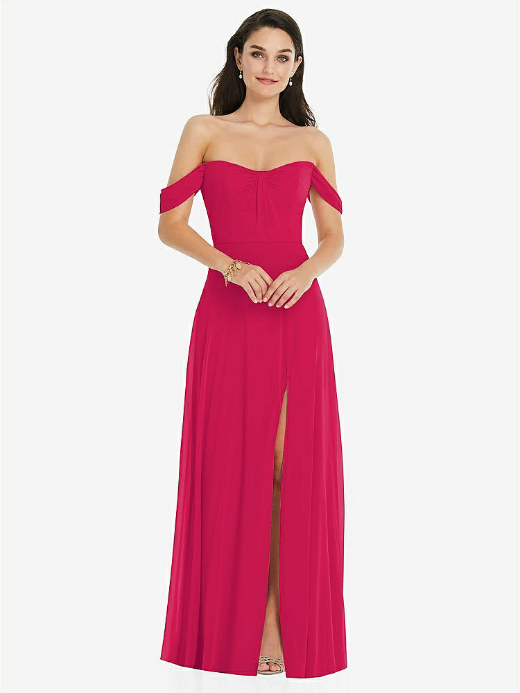 【STYLE: 3105】Off-the-Shoulder Draped Sleeve Maxi Dress with Front Slit【COLOR: Vivid Pink】