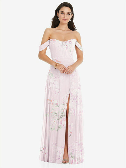 【STYLE: 3105】Off-the-Shoulder Draped Sleeve Maxi Dress with Front Slit【COLOR: Watercolor Print】