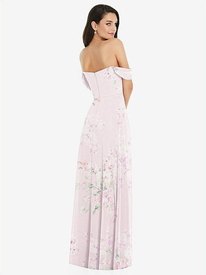 【STYLE: 3105】Off-the-Shoulder Draped Sleeve Maxi Dress with Front Slit【COLOR: Watercolor Print】