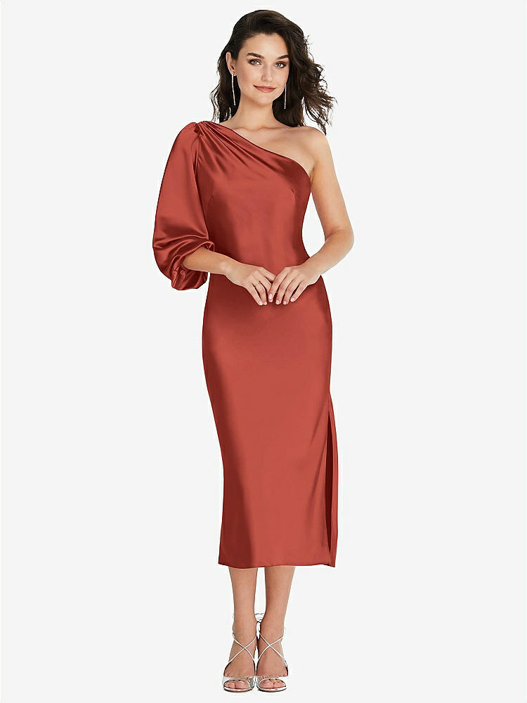 【STYLE: 8215】One-Shoulder Puff Sleeve Midi Bias Dress with Side Slit【COLOR: Amber Sunset】