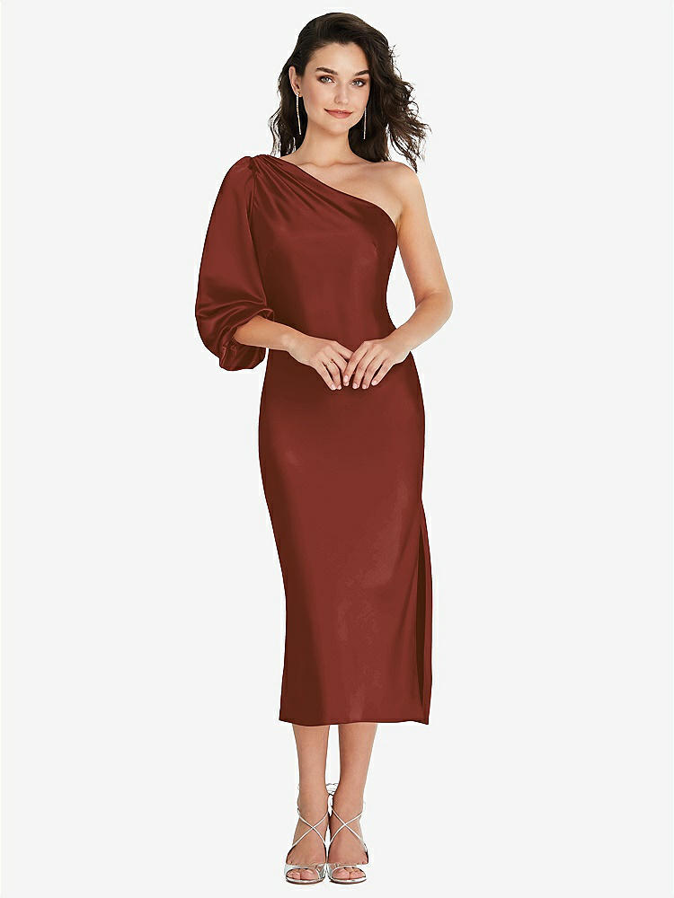 【STYLE: 8215】One-Shoulder Puff Sleeve Midi Bias Dress with Side Slit【COLOR: Auburn Moon】