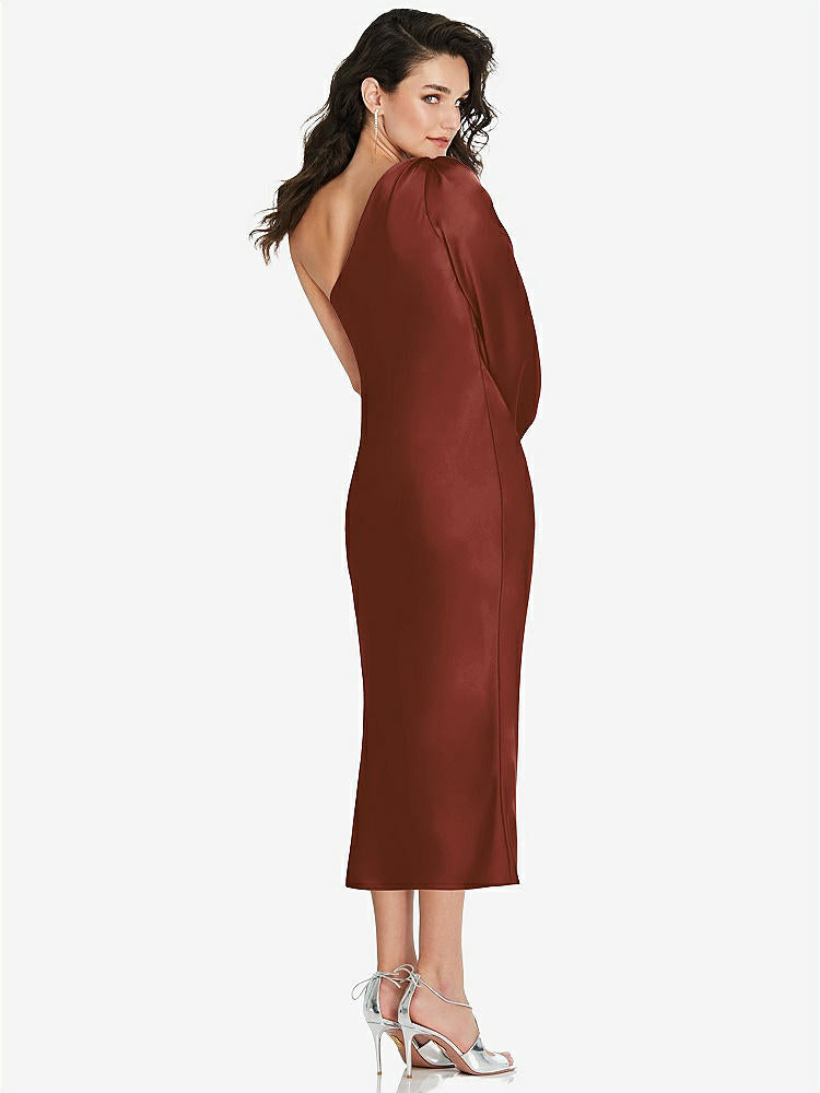 【STYLE: 8215】One-Shoulder Puff Sleeve Midi Bias Dress with Side Slit【COLOR: Auburn Moon】