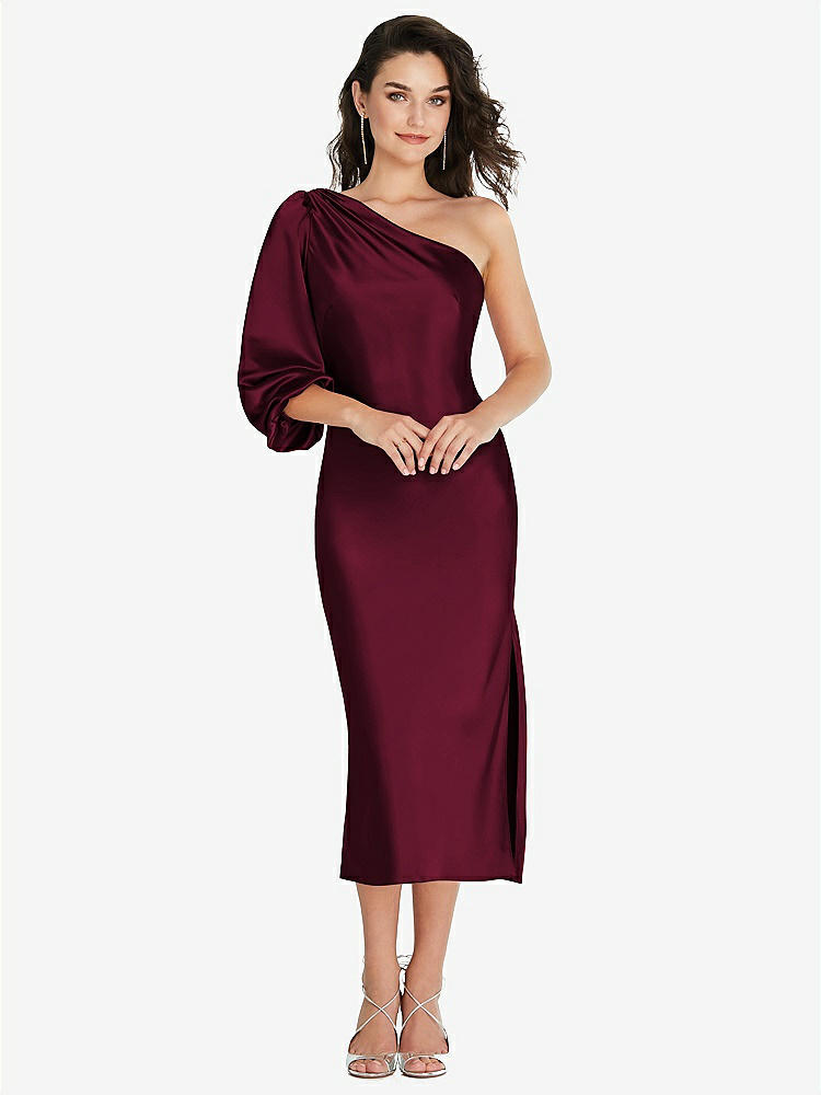 【NEW】【STYLE: 8215】ワンショルダー パフ スリーブ MIDI バイアス ドレス サイド スリット【COLOR: Cabernet】【SIZE: 00-30W】