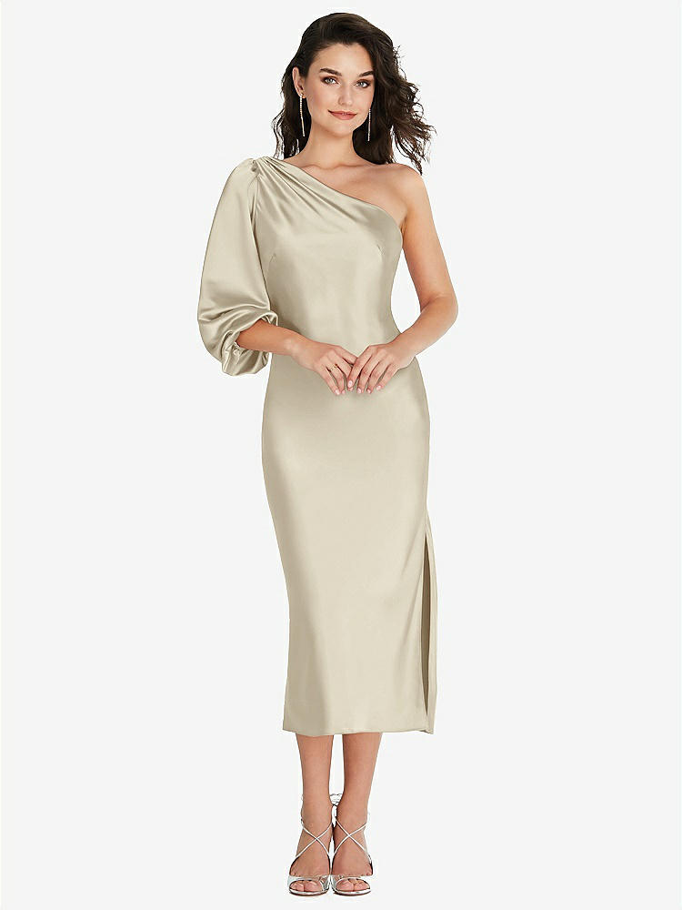 【STYLE: 8215】One-Shoulder Puff Sleeve Midi Bias Dress with Side Slit【COLOR: Champagne】