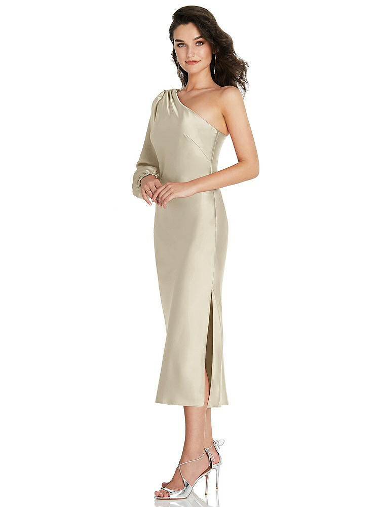 【STYLE: 8215】One-Shoulder Puff Sleeve Midi Bias Dress with Side Slit【COLOR: Champagne】