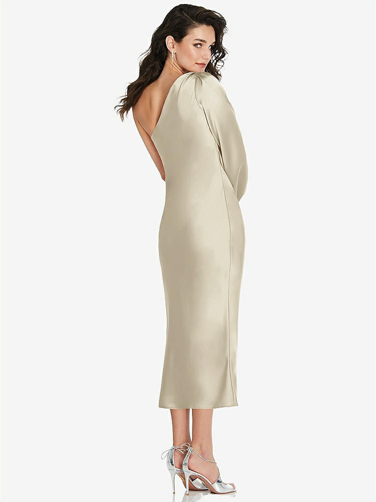 【STYLE: 8215】One-Shoulder Puff Sleeve Midi Bias Dress with Side Slit【COLOR: Champagne】