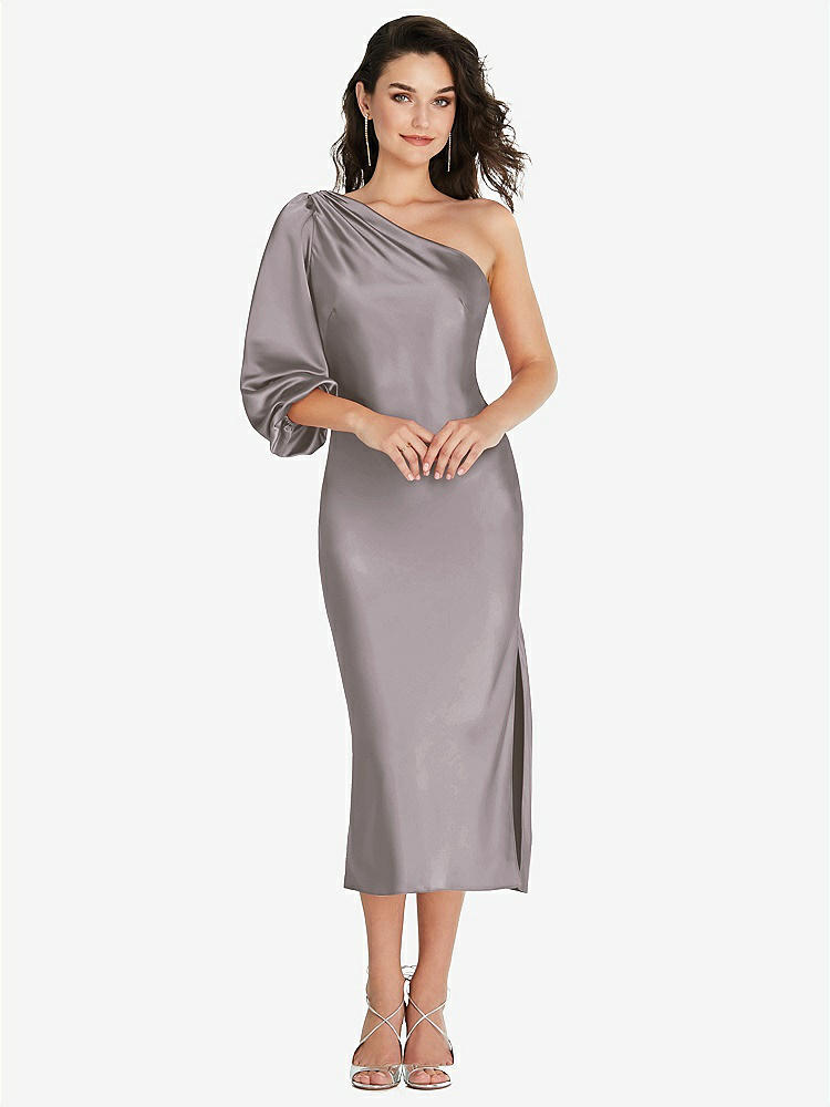 【NEW】【STYLE: 8215】ワンショルダー パフ スリーブ MIDI バイアス ドレス サイド スリット【COLOR: Cashmere Gray】【SIZE: 00-30W】