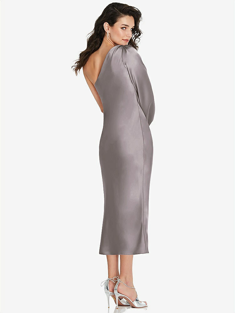【NEW】【STYLE: 8215】ワンショルダー パフ スリーブ MIDI バイアス ドレス サイド スリット【COLOR: Cashmere Gray】【SIZE: 00-30W】