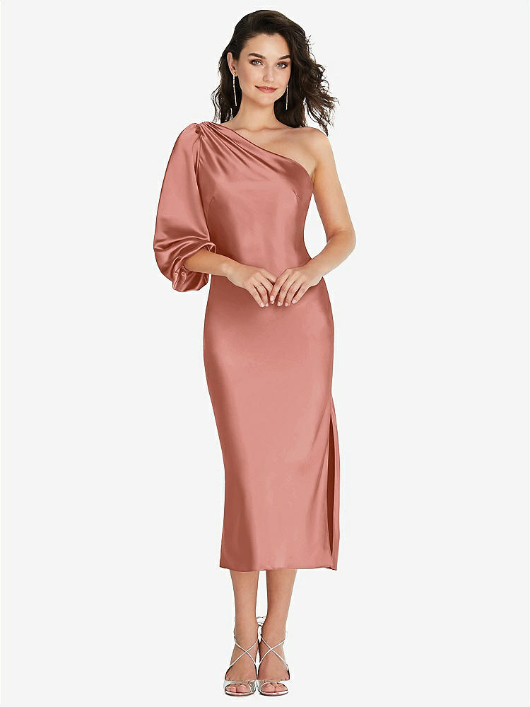 【STYLE: 8215】One-Shoulder Puff Sleeve Midi Bias Dress with Side Slit【COLOR: Desert Rose】