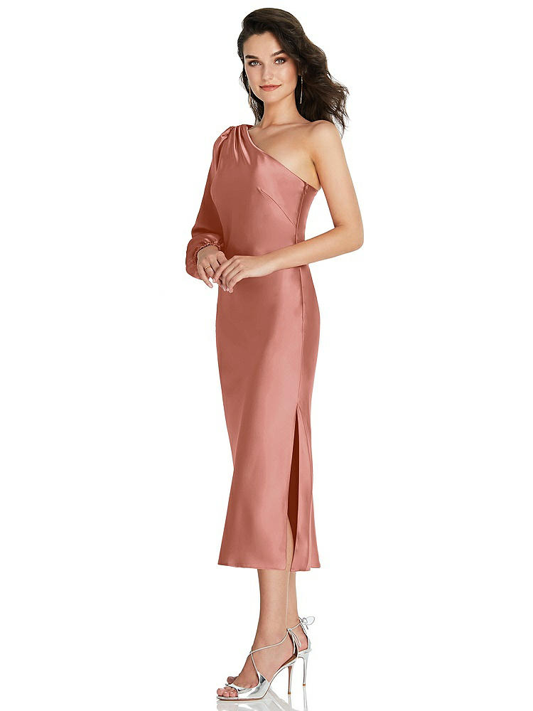 【STYLE: 8215】One-Shoulder Puff Sleeve Midi Bias Dress with Side Slit【COLOR: Desert Rose】