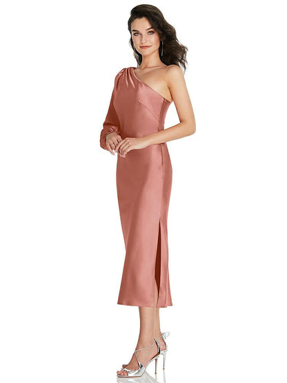 【STYLE: 8215】One-Shoulder Puff Sleeve Midi Bias Dress with Side Slit【COLOR: Desert Rose】